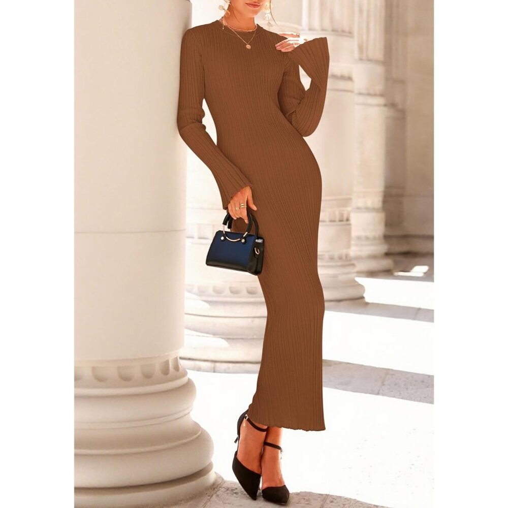 Women's Caramel Fall Bell Long Sleeve Crew Neck Bodycon Sweater Maxi Dress - Picture 3 of 7